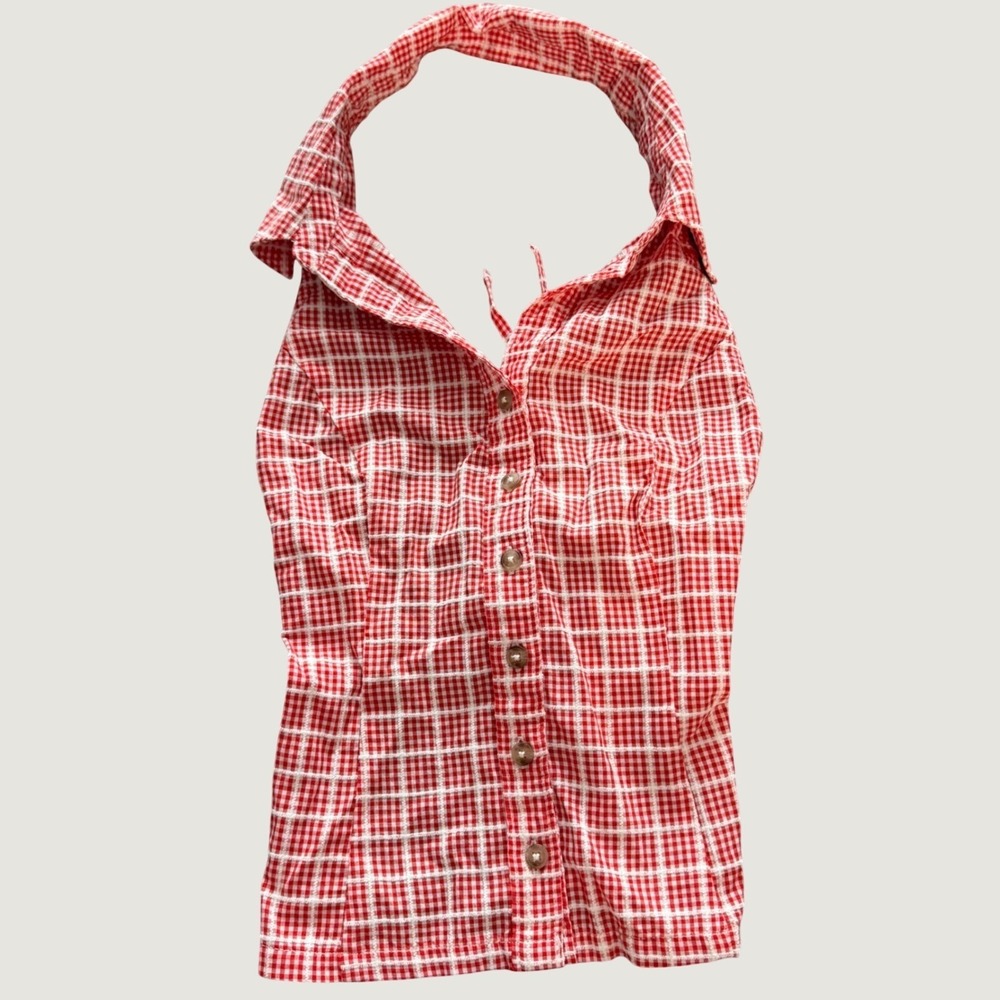 Celandine Halter Top Size M Gingham Plaid Cotton Lace Up Back Red White NEW